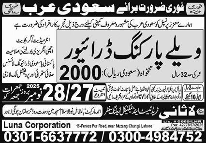 Vally Car Parking Jobs in Saudia Arabia 2025 – Lasani Trade Test & Technical Training Center Jobs 2025 — original advertisement