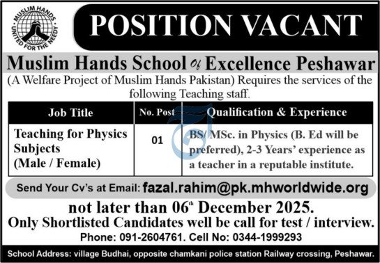 Muslim Hands School Of Excellence Peshawar Jobs 2025 Jobs 2025 — original advertisement