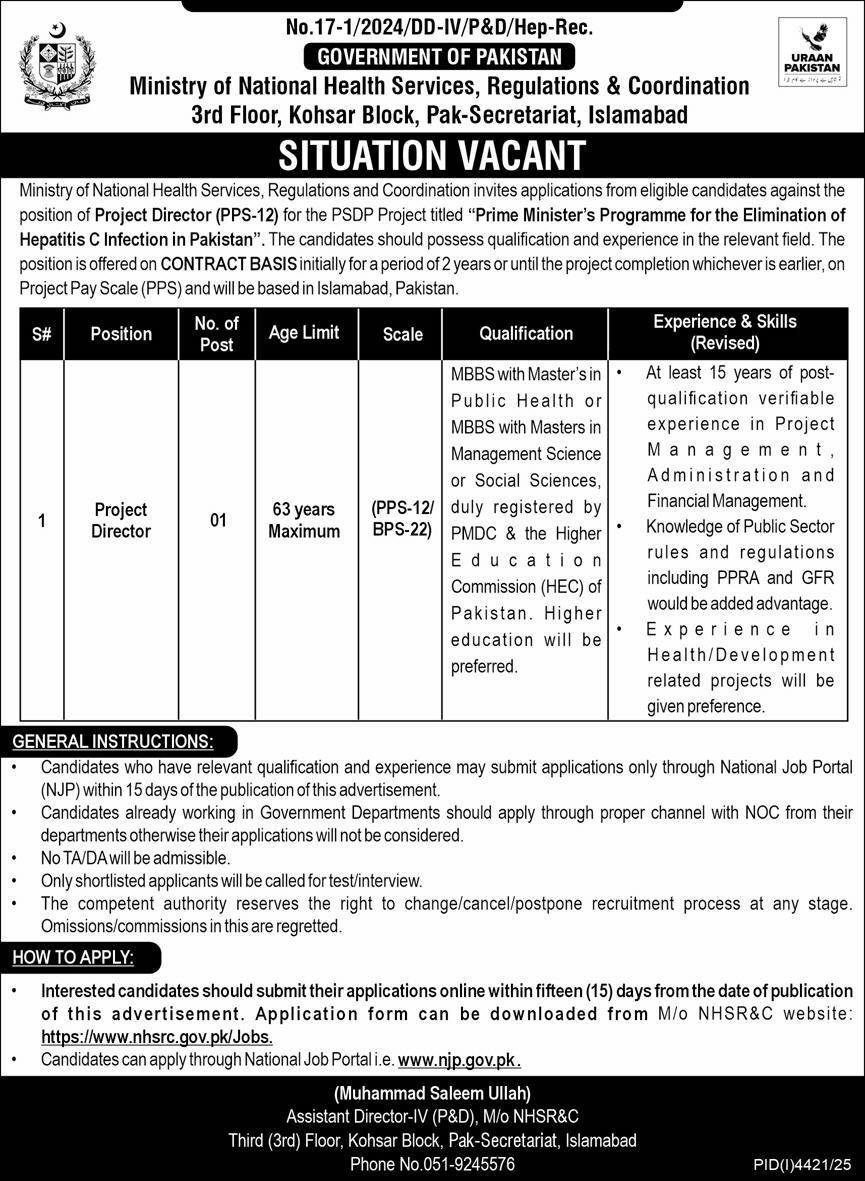 Ministry Of National Health Services Regulations Jobs 2025 – Ministry of National Health Services Regulation and Coordination Jobs 2025 — original advertisement