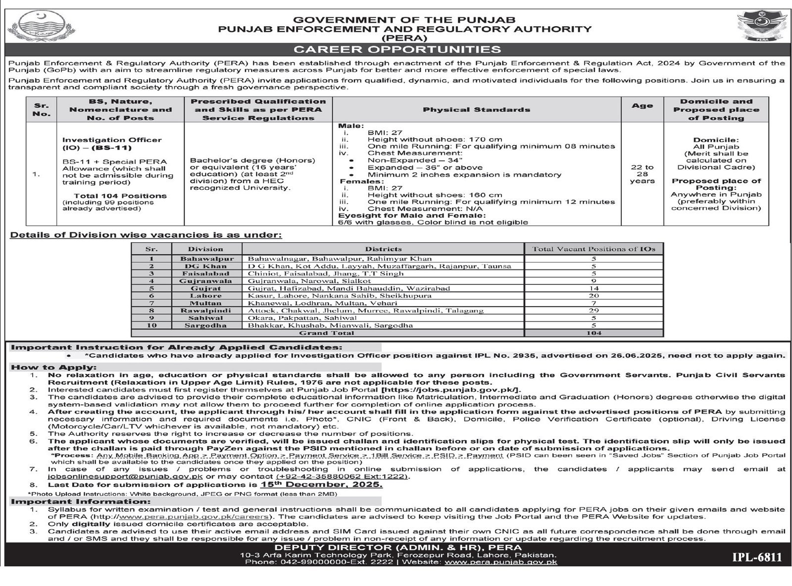 Punjab Enforcement And Regulatory Authority PERA Lahore Jobs – Punjab Energy Efficiency & Conservation Agency - PEECA Jobs 2025 — original advertisement