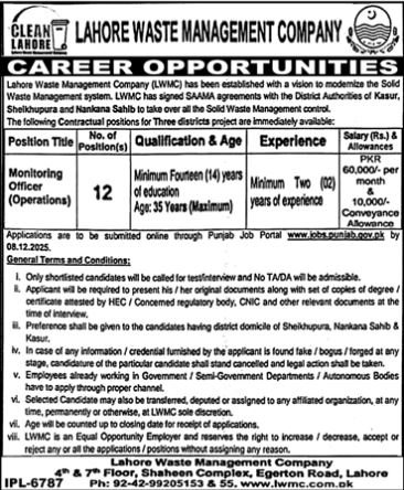 Lahore Waste Management Company Jobs 2025 – Lahore Waste Management Company Lahore Jobs 2025 — original advertisement