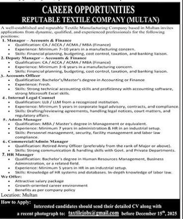 Well Estiblished And Reputed Taxtile Manfactring Company Job – Private Company Jobs 2025 — original advertisement