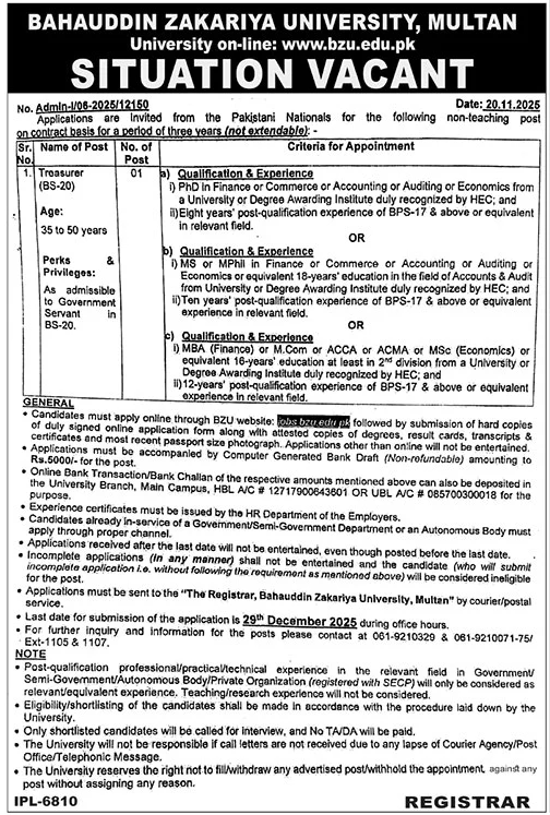Bahauddin Zakariya University Multan BZU Multan Jobs 2025 Jobs 2025 — original advertisement