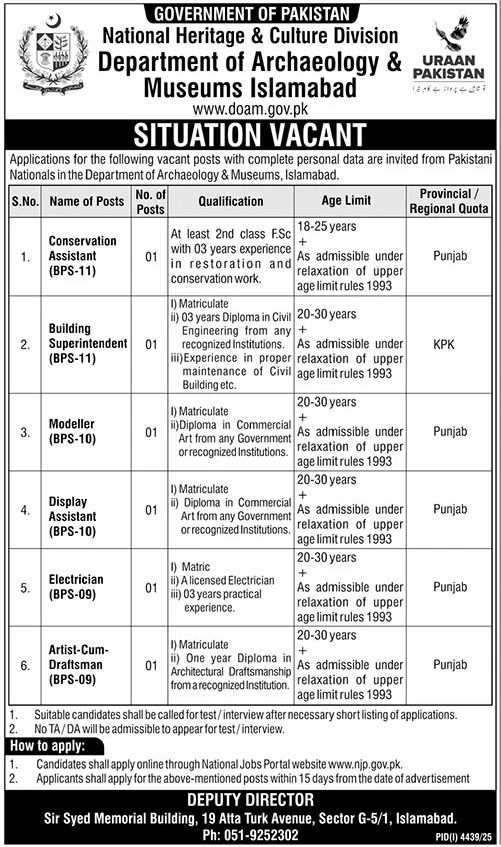 Department Of Archaeology & Museums Islamabad Jobs 2025 – National Heritage & Culture Division Jobs 2025 — original advertisement