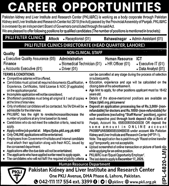 Pakistan Kidney And Liver Institute And Research Centre Jobs – Pakistan Kidney And Liver Institute (PKLI) And Research Centre Lahore Jobs 2025 — original advertisement