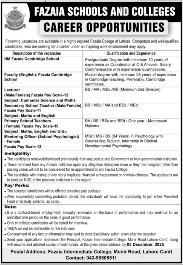 Fazaia College Lahore Punjab Jobs 2025 – Fazaia Schools & Colleges Jobs 2025 — original advertisement