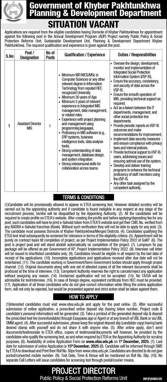 Planning and Development Department Peshawar Jobs 2025 – Planning & Development Department KPK Jobs 2025 — original advertisement