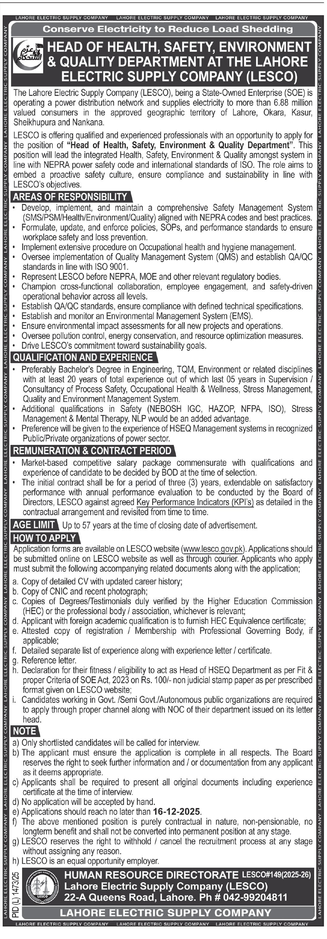 Lahore Electric Supply Company LESCO Jobs 2025 – Lahore Electric Supply Company LESCO Lahore Jobs 2025 — original advertisement