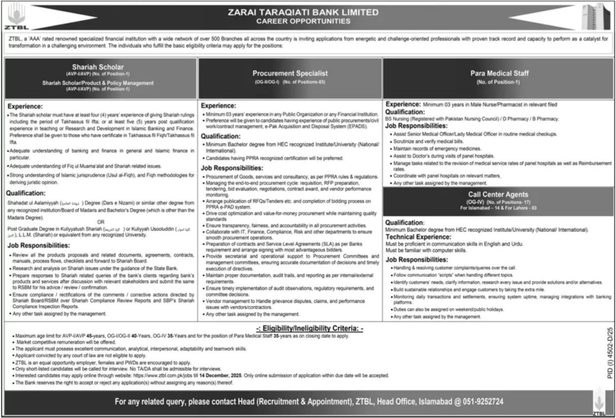 Zarai Taraqiati Bank Limited ZTBL Islamabad Jobs 2025 Jobs 2025 — original advertisement