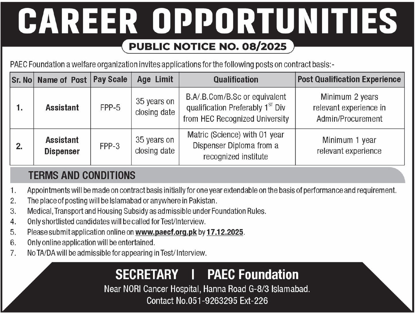 Paec Foundation Islamabad Jobs 2025 – Public Sector Organization Jobs 2025 — original advertisement