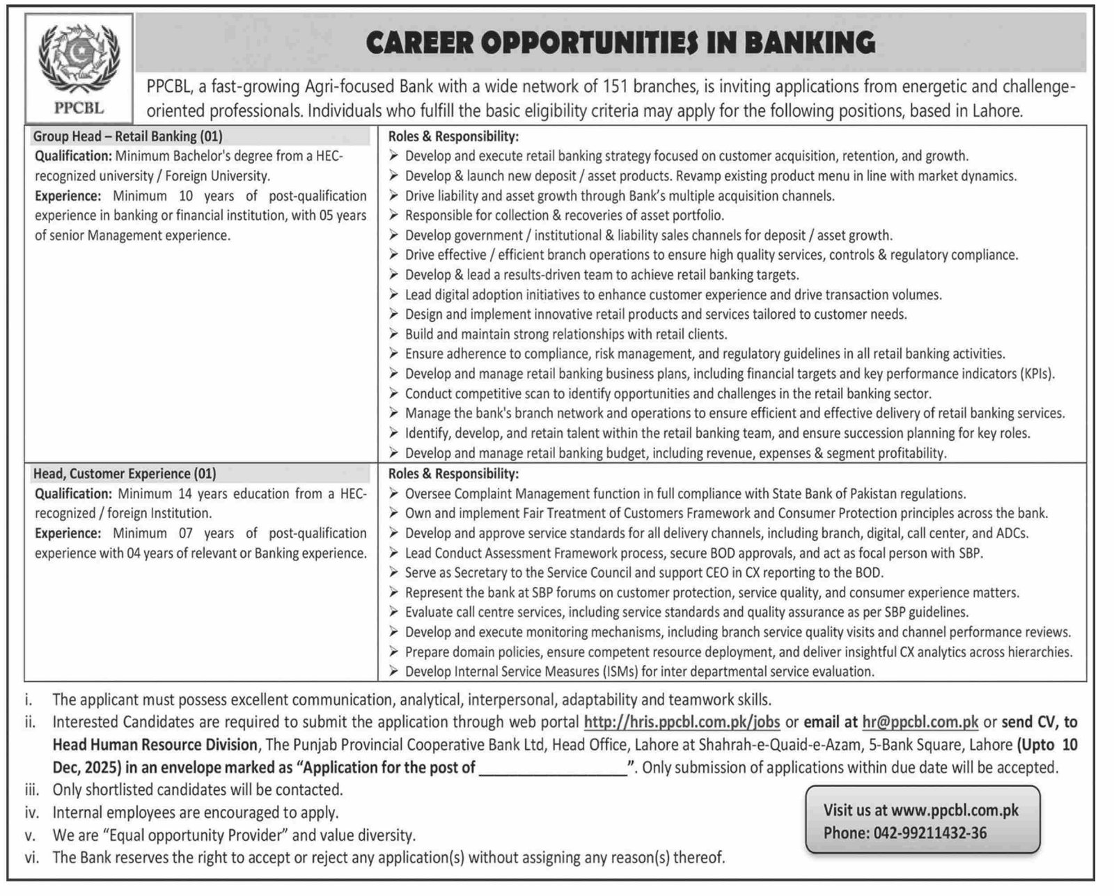 The Punjab Provincial Cooperative Bank Ltd PPCBL Lahore Jobs Jobs 2025 — original advertisement