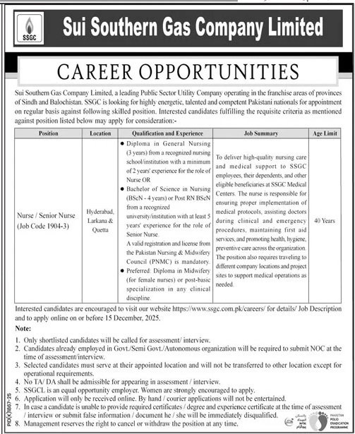 Sui Southern Gas Company Limited SSGC Hyderabad Job 2025 Jobs 2025 — original advertisement