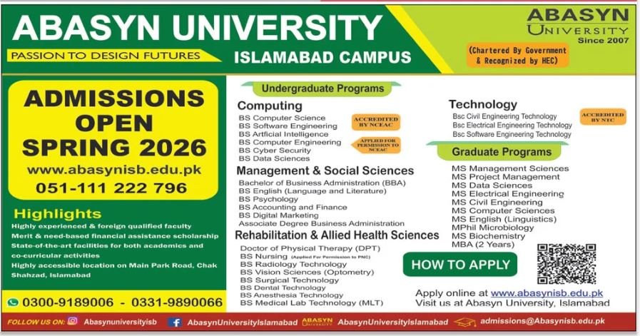 Admission Open in Abasyn University Peshawar 2025 Admissions 2025 — original advertisement