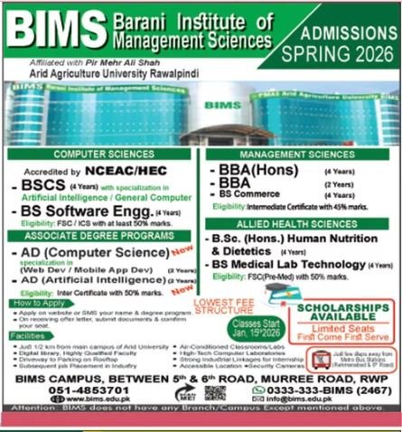 Admission OpenBarani Institute of Management Sciences Bims – Barani Institute of Information Technology Admissions 2025 — original advertisement