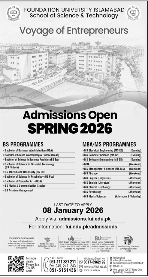 Admission Open in Foundation University Islamabad 2025 Admissions 2025 — original advertisement