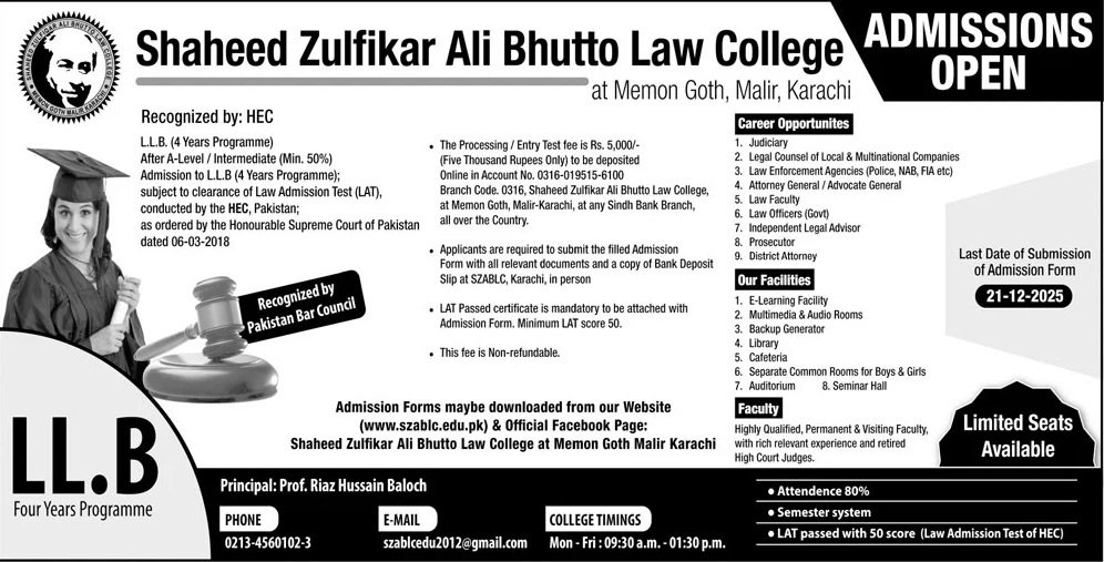 Admission Open in Shaheed Zulfiqar Ali Bhutto University – Shaheed Zulfiqar Ali Bhutto University of Law Karachi Admissions 2025 — original advertisement