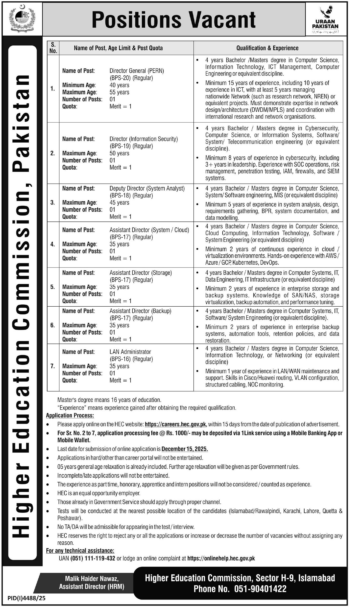 Higher Education Commission HEC Islamabad Jobs 2025 – Higher Education Commission Islamabad Jobs 2025 — original advertisement