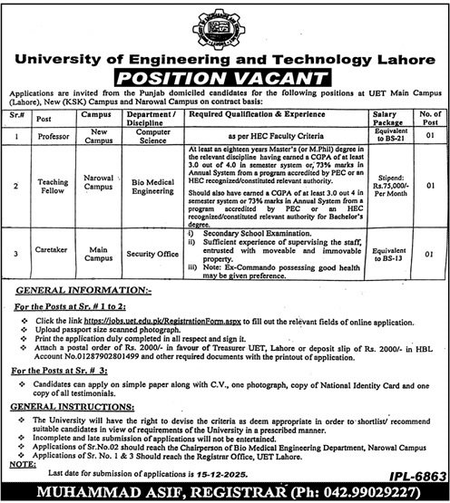 University of Engineering And Technology 2025 – University of Engineering  & Technology Lahore Jobs 2025 — original advertisement