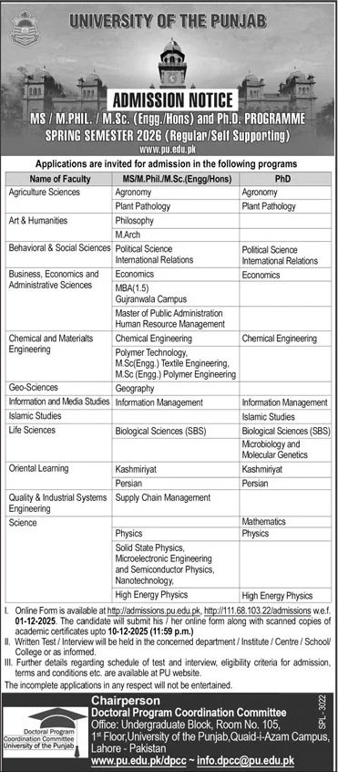 Admission Open in University of Punjab 2025 Admissions 2025 — original advertisement