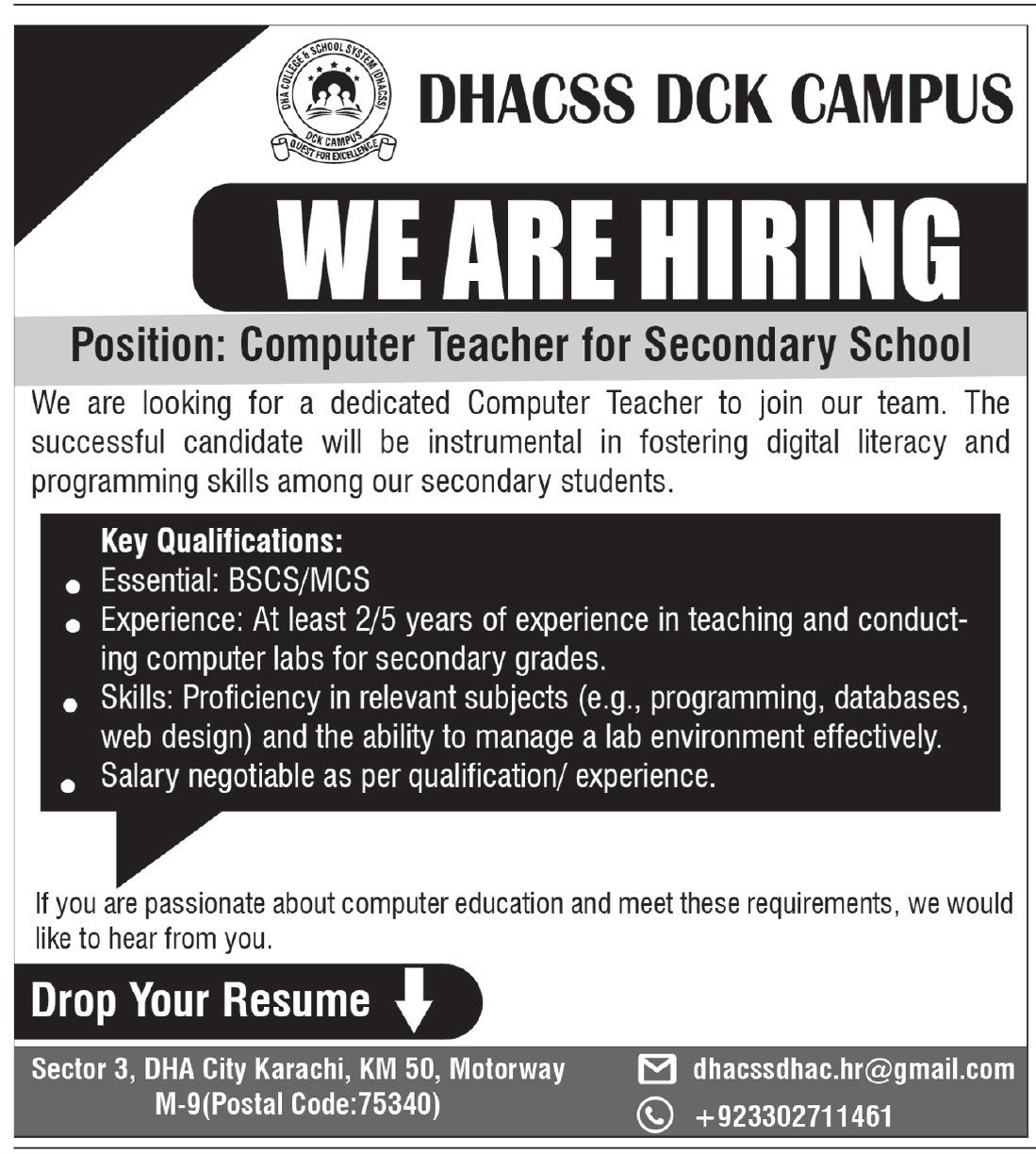 DHA College & School System DHACSS Karachi Jobs 2025 – Defence Housing Authority Jobs 2025 — original advertisement