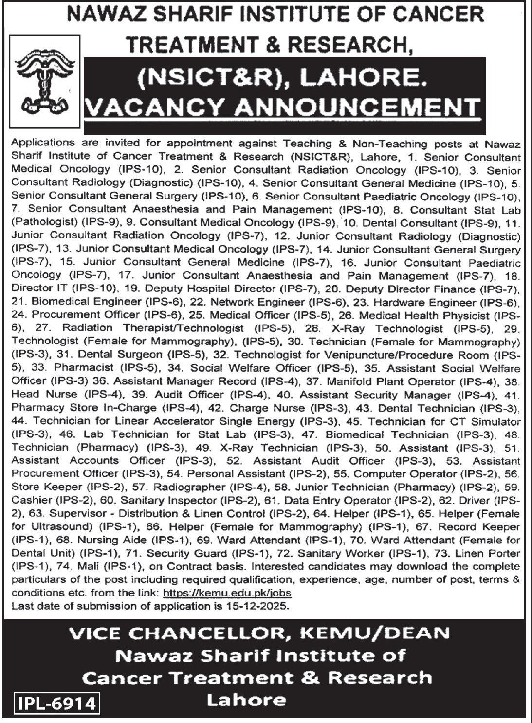 Nawaz Sharif Institute Of Cancer Treatment & Research Jobs – Muhammad Nawaz Sharif Teaching Hospital Lahore Jobs 2025 — original advertisement