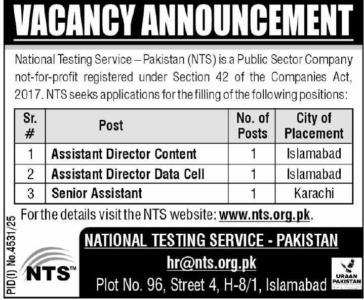 National Testing Service Pakistan NTS Islamabad Jobs 2025 – Government of Pakistan Jobs 2025 — original advertisement