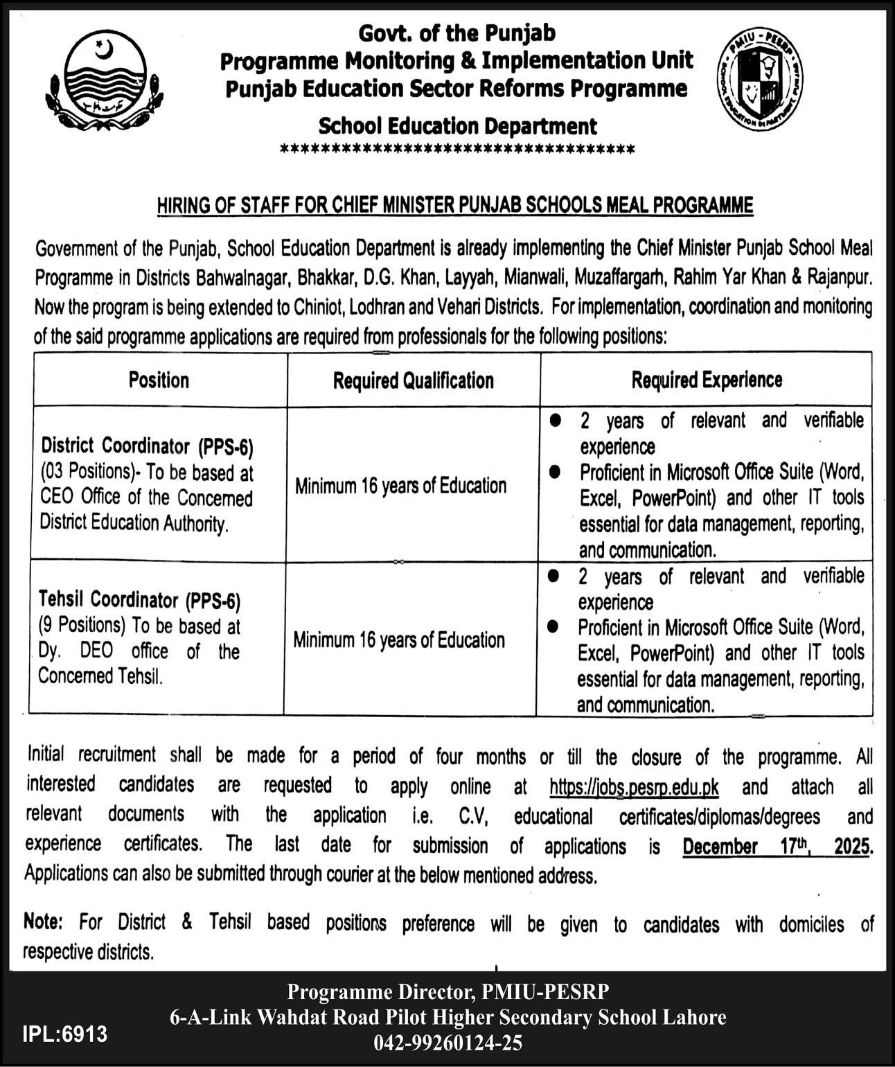 School Education Department Lahore Job 2025 – Education School Department Punjab Jobs 2025 — original advertisement