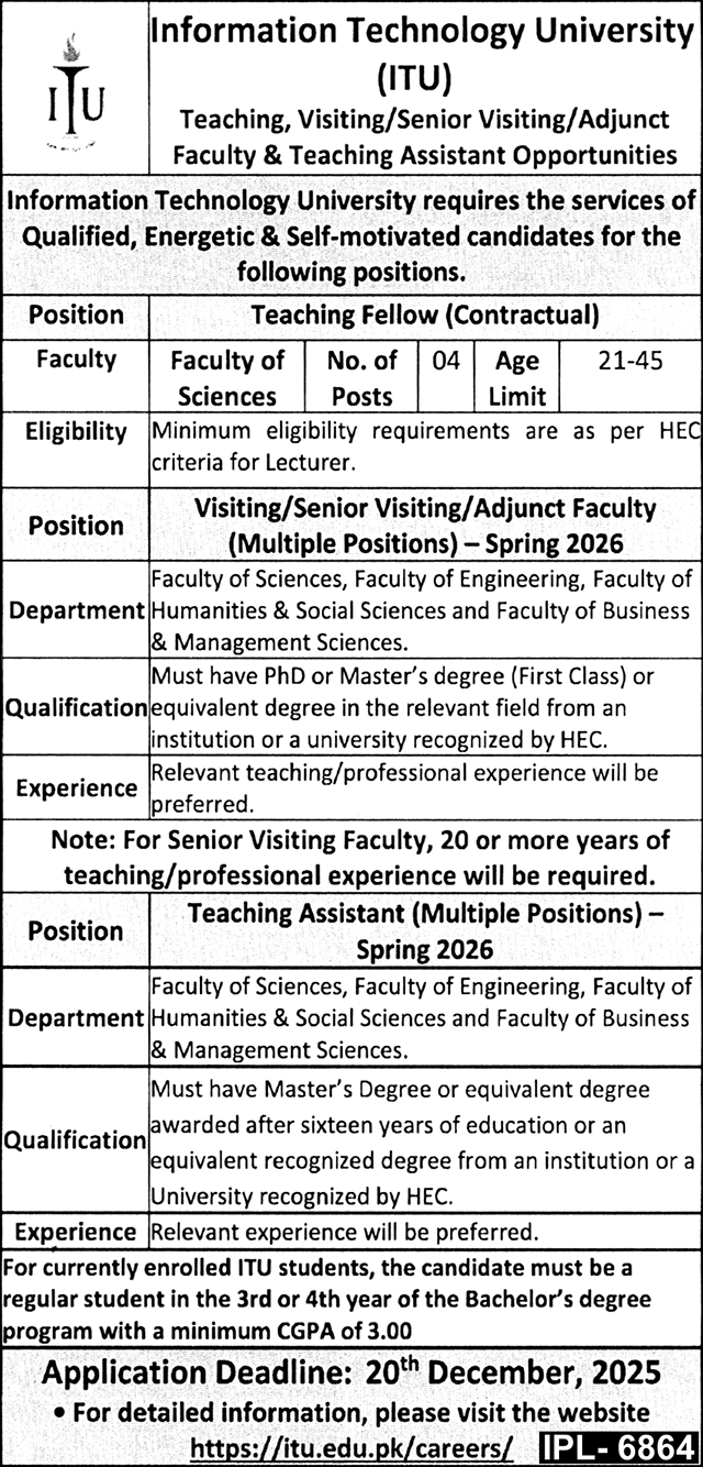 Information Technology University ITU Lahore Jobs 2025 – Information Technology University of the Punjab Lahore Jobs 2025 — original advertisement