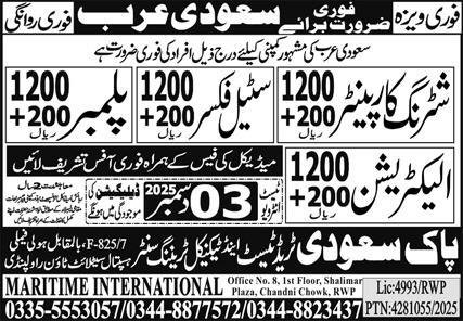 Electrician & Plumber Jobs 2025 In Saudi Arabia – Pak Saudi Trade Test & Technical Training Center Jobs 2025 — original advertisement