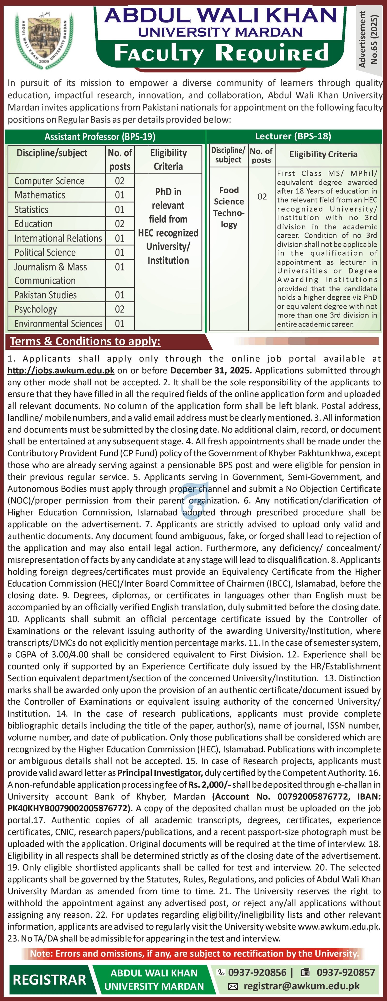 Abdul Wali Khan University Mardan Jobs 2025 Jobs 2025 — original advertisement