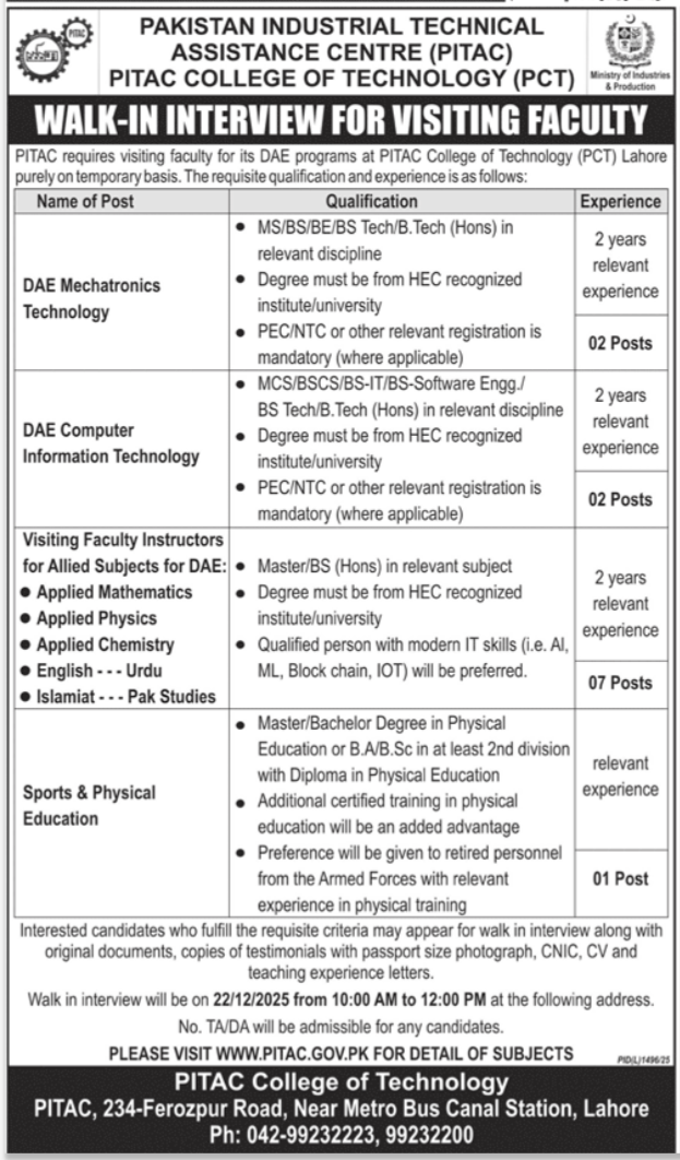 PITAC College Of Technology PCT Lahore Jobs 2025 – Ministry of Industries and Production Islamabad Jobs 2025 — original advertisement