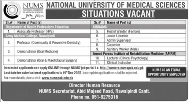 NUMS University Rawalpindi Cantt Jobs 2025 For Professors – National University of Medical Science NUMS Jobs 2025 — original advertisement
