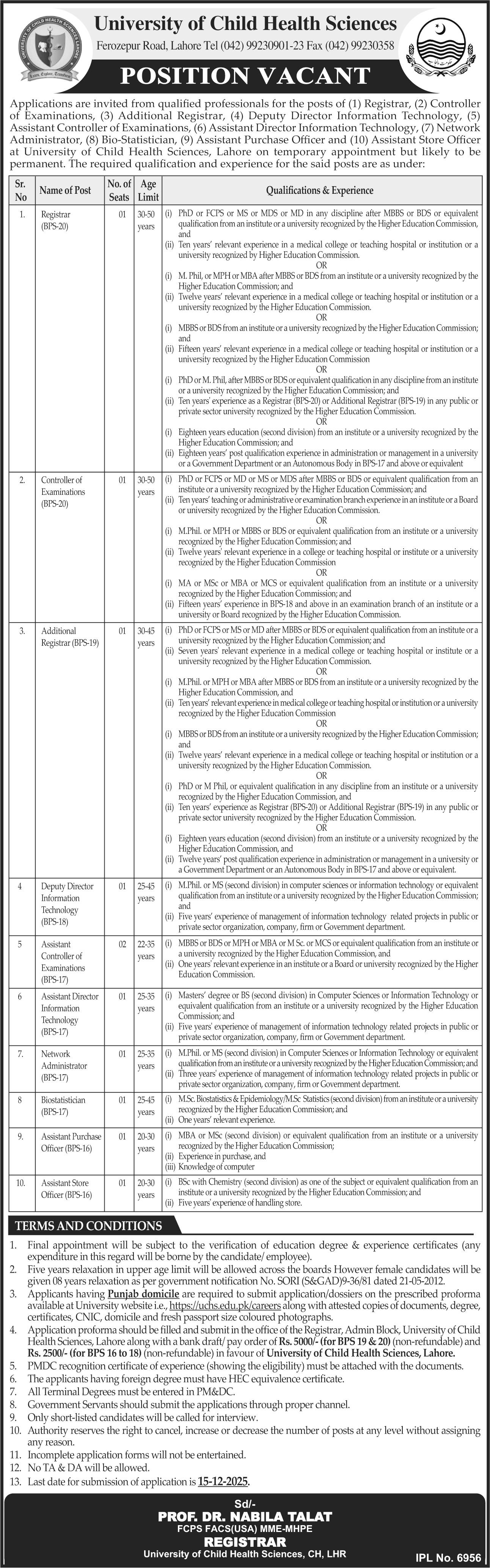 University Of Child Health Sciences UCHS Lahore Jobs 2025 – University of Health Sciences Lahore Jobs 2025 — original advertisement