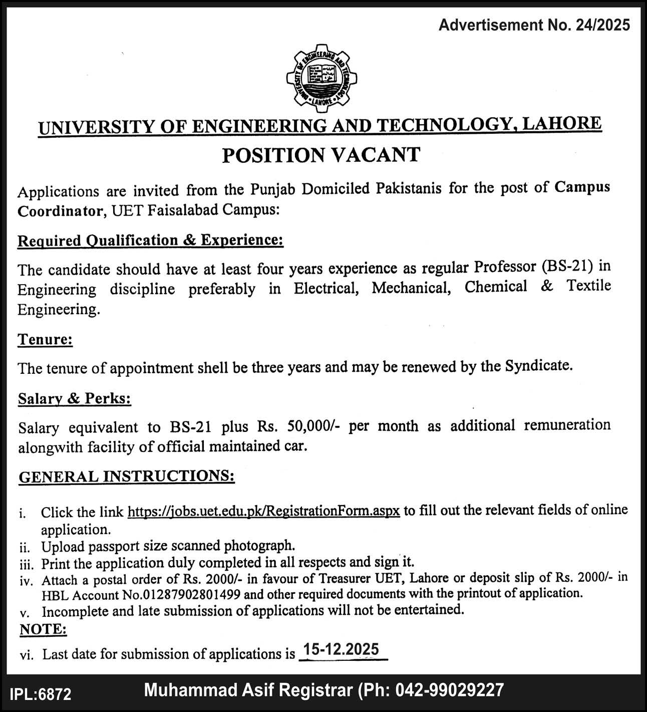 UET Faisalabad Campus Jobs 2025 For Campus Coordinator – UEIT University of Engineering & Information Technology Jobs 2025 — original advertisement