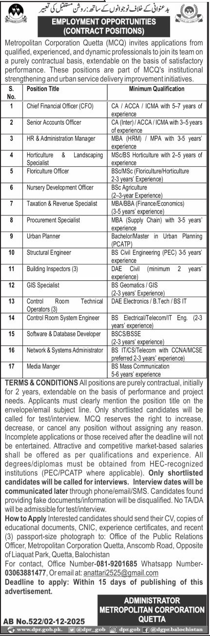 MCQ Metropolitan Corporation Quetta Jobs 2025 Jobs 2025 — original advertisement