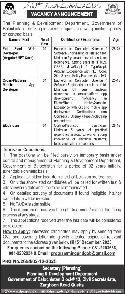 Planning & Development Department PWD Quetta Jobs 2025 – Planning and Development Department Balochistan Jobs 2025 — original advertisement