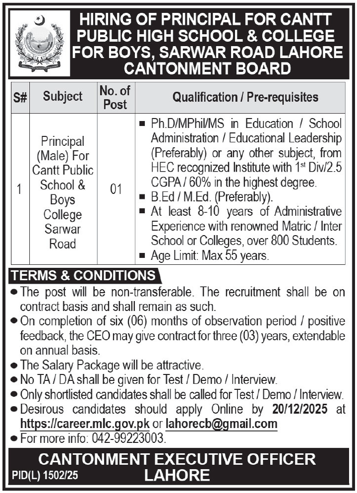 Cantt Public High School & College For Boys Lahore Job 2025 – Cant Public High School & Girls College Jobs 2025 — original advertisement