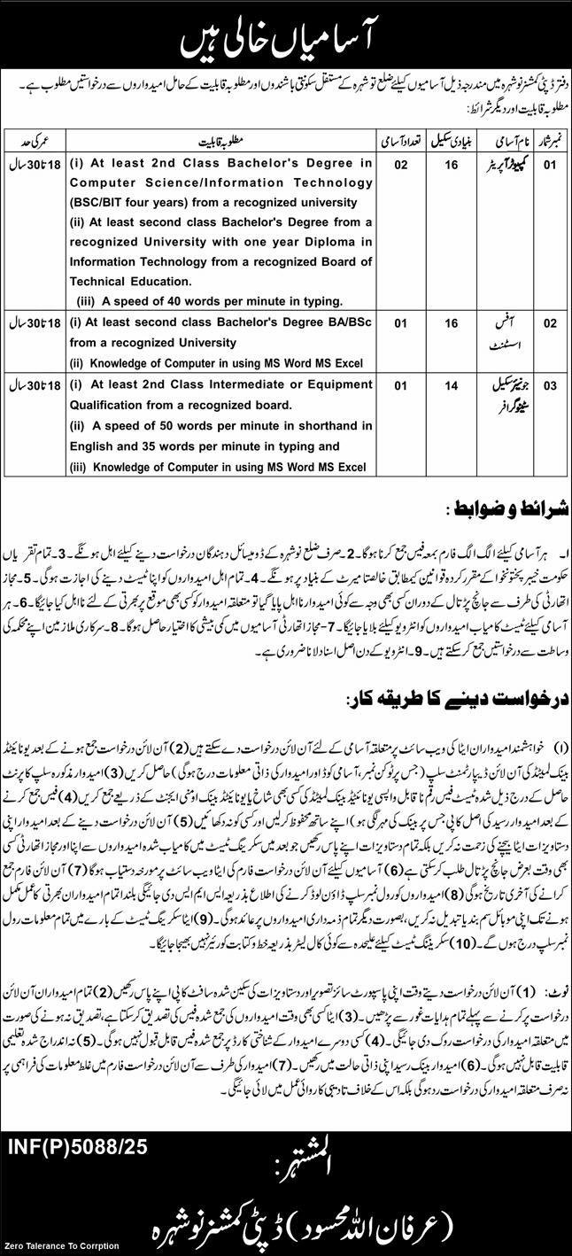 Deputy Commissioner Office Nowshera Jobs 2025 – Revenue Department KPK Jobs 2025 — original advertisement