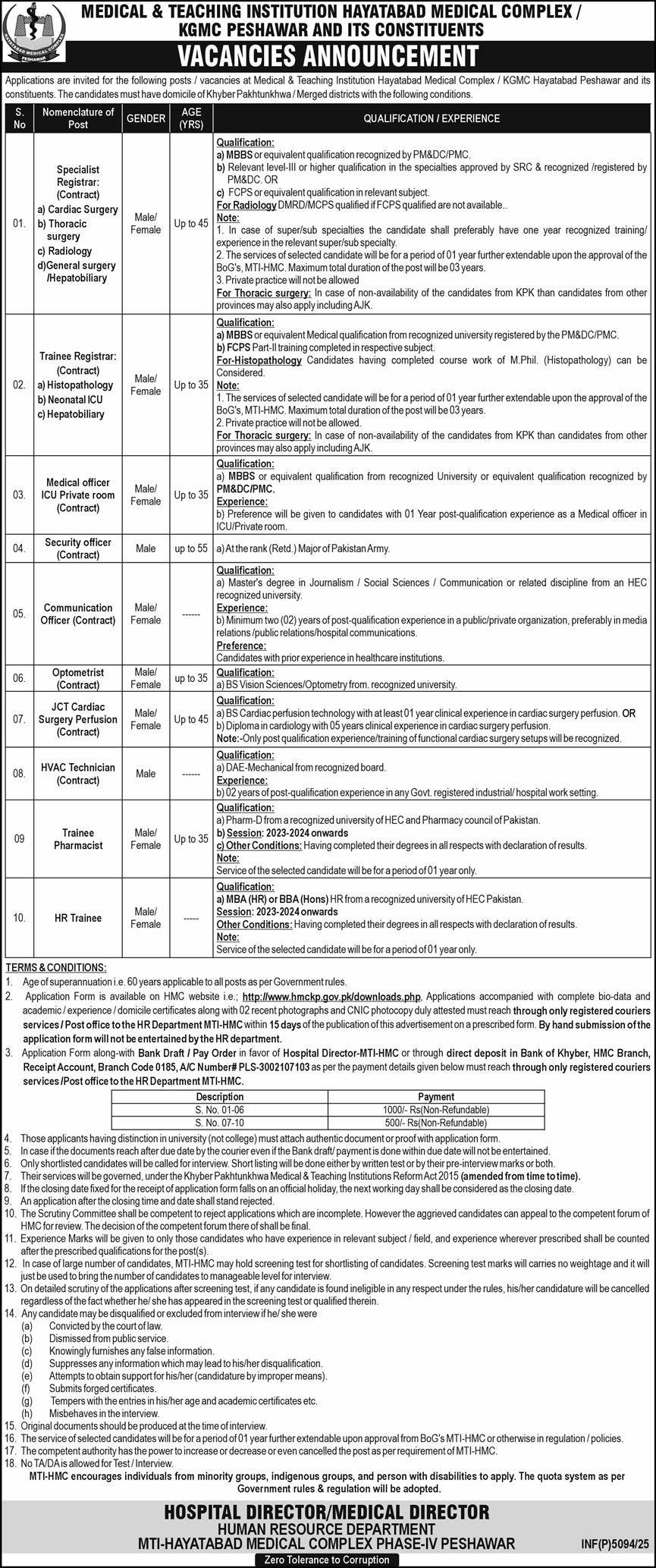 Hayatabad Medical Complex HMC Peshawar Jobs 2025 – Medical Teaching Institute MTI Khyber Teaching Hospital Peshawar Kpk Jobs 2025 — original advertisement