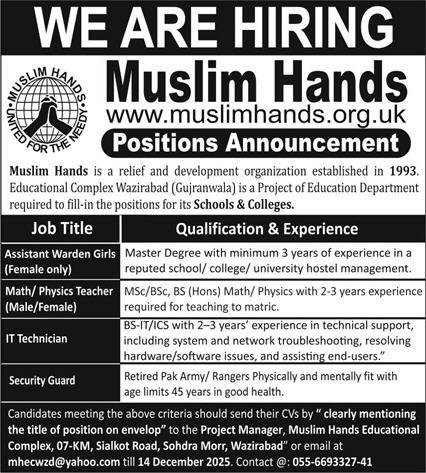 Muslim Hands Educational Complex Sohdra Morr Jobs 2025 Jobs 2025 — original advertisement