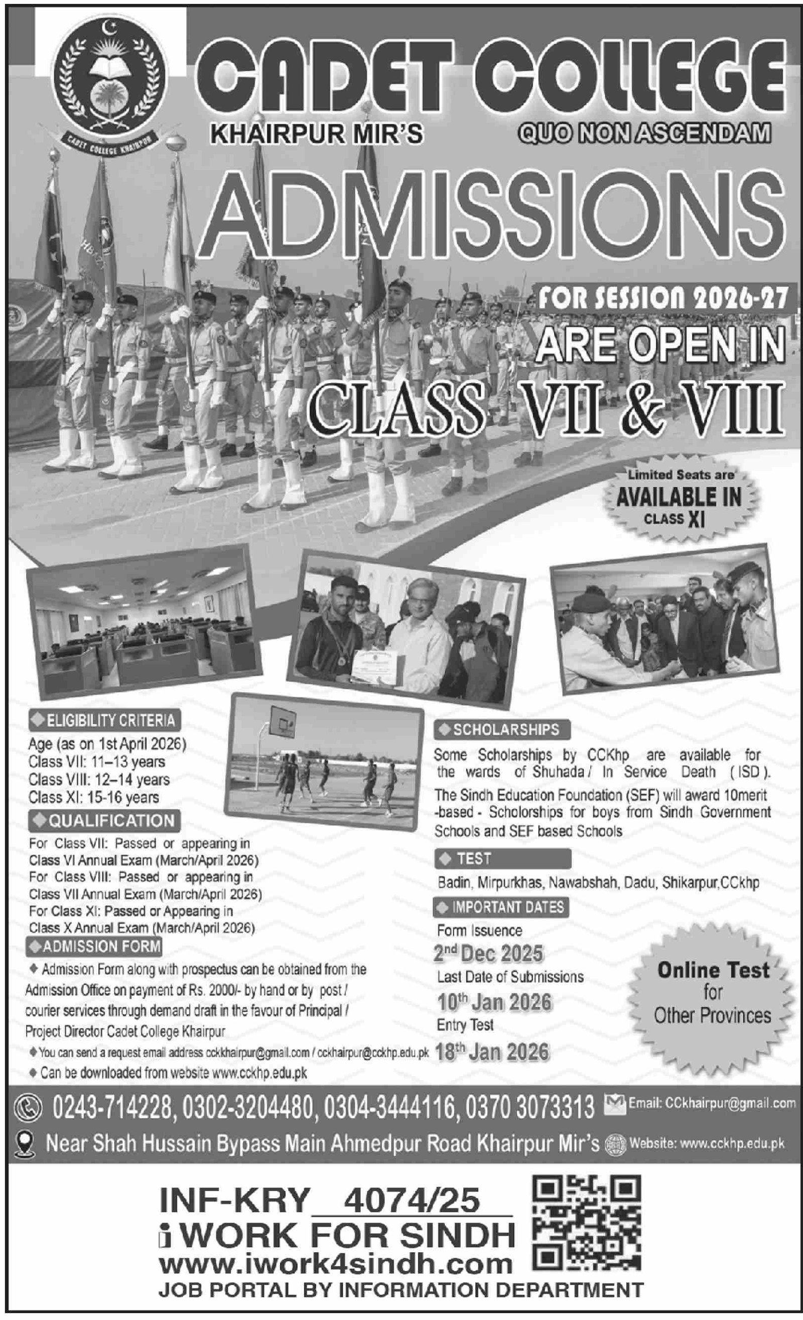 Admission Open in Cadet College Khairpur 2025 Admissions 2025 — original advertisement