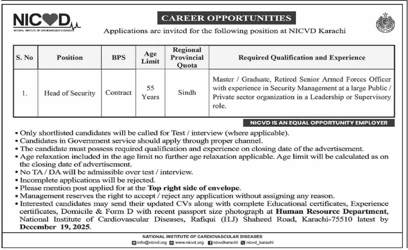 National Institute Of Cardiovascular Diseases Karachi Jobs – National Institute of Cardiovascular Diseases (NICVD) Sindh Karachi Jobs 2025 — original advertisement