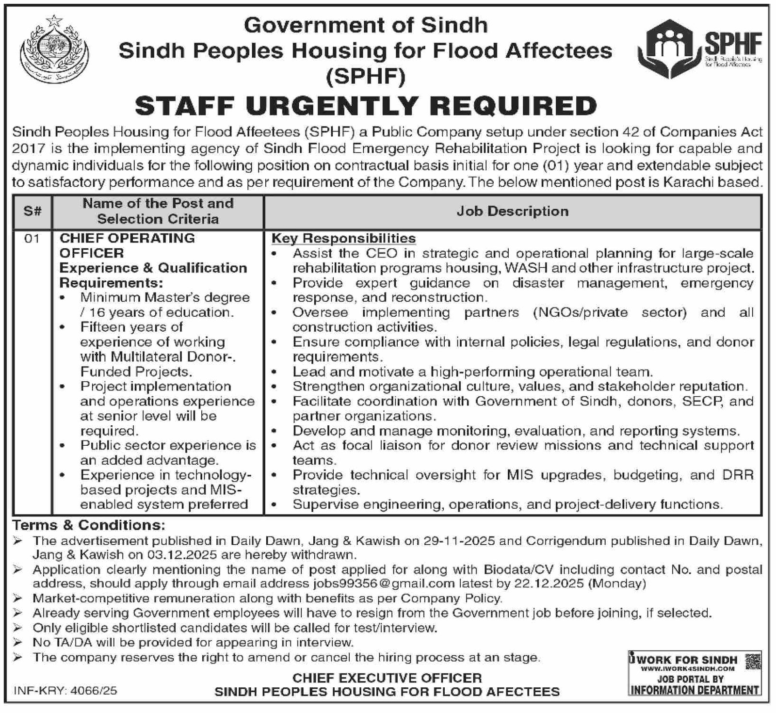 Sindh Peoples Housing for Flood Affectees (SPHF) JOBS 2025 – Govt of Sindh Jobs 2025 — original advertisement