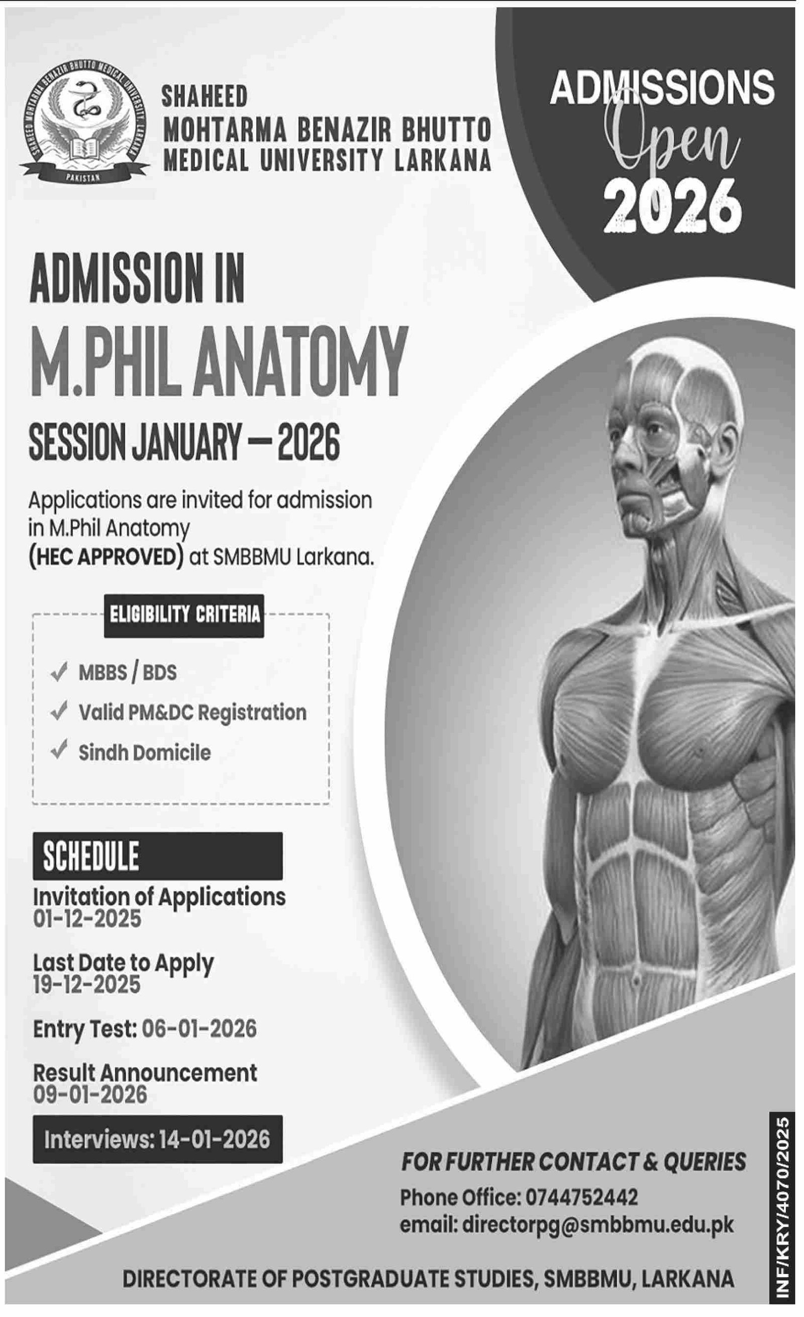 Admission SHAHEED MOHTARMA BENAZIR BHUTTO MEDICAL UNIVERSITY – Shaheed Mohtarma Benazir Bhutto Medical University Larkana Admissions 2025 — original advertisement