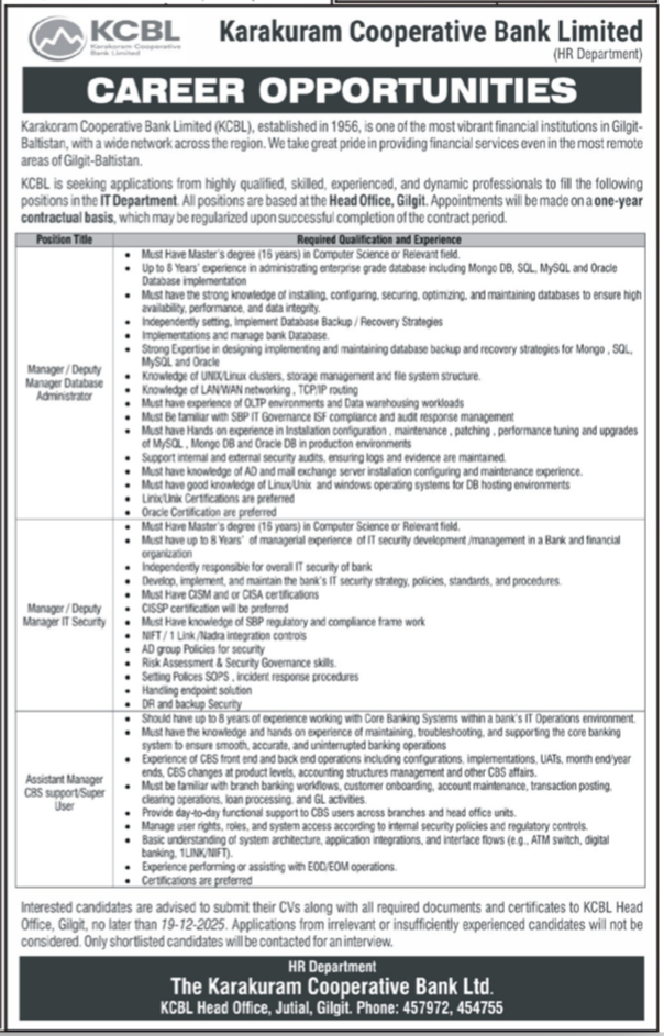 Karakuram Cooperative Bank Limited Gilgit Jobs 2025 – Karakoram Cooperative Bank Limited Jobs 2025 — original advertisement