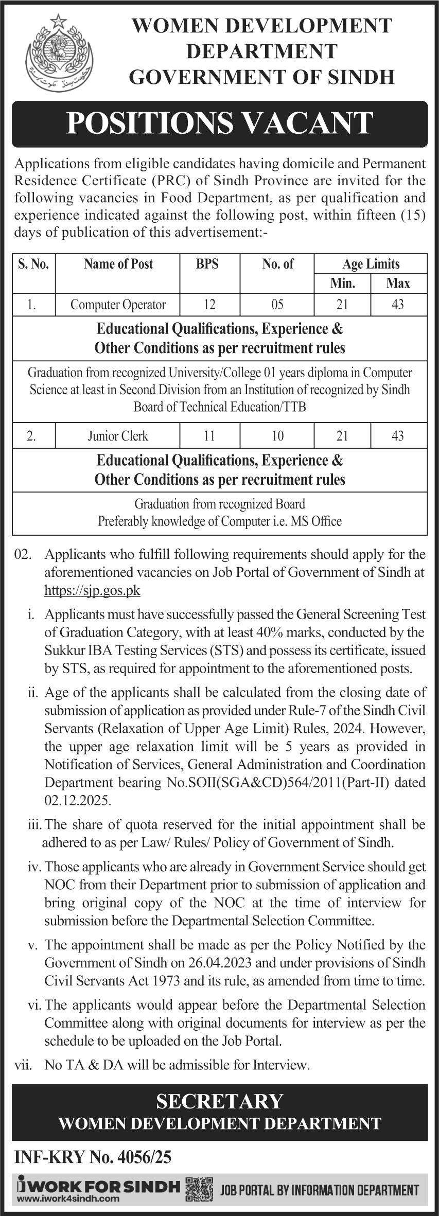 Women Development Department Karachi Jobs 2025 – Women Development Department Sindh Jobs 2025 — original advertisement