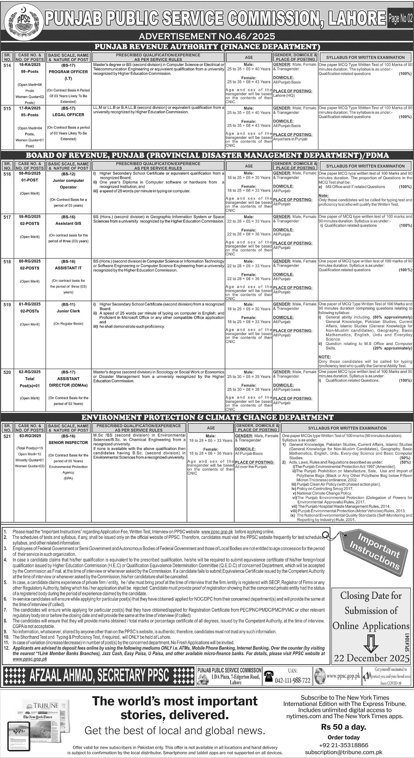 Punjab Public Service Commission PPSC Jobs 46/2025 – Punjab Public Service Commission Lahore Jobs 2025 — original advertisement