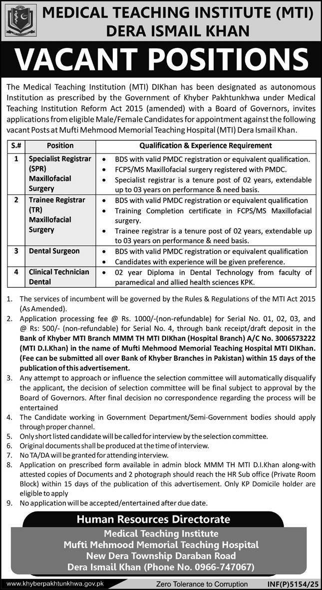 Medical Teaching Hospital MTI Jobs 2025 – Medical Teaching Institute MTI Khyber Teaching Hospital Peshawar Kpk Jobs 2025 — original advertisement