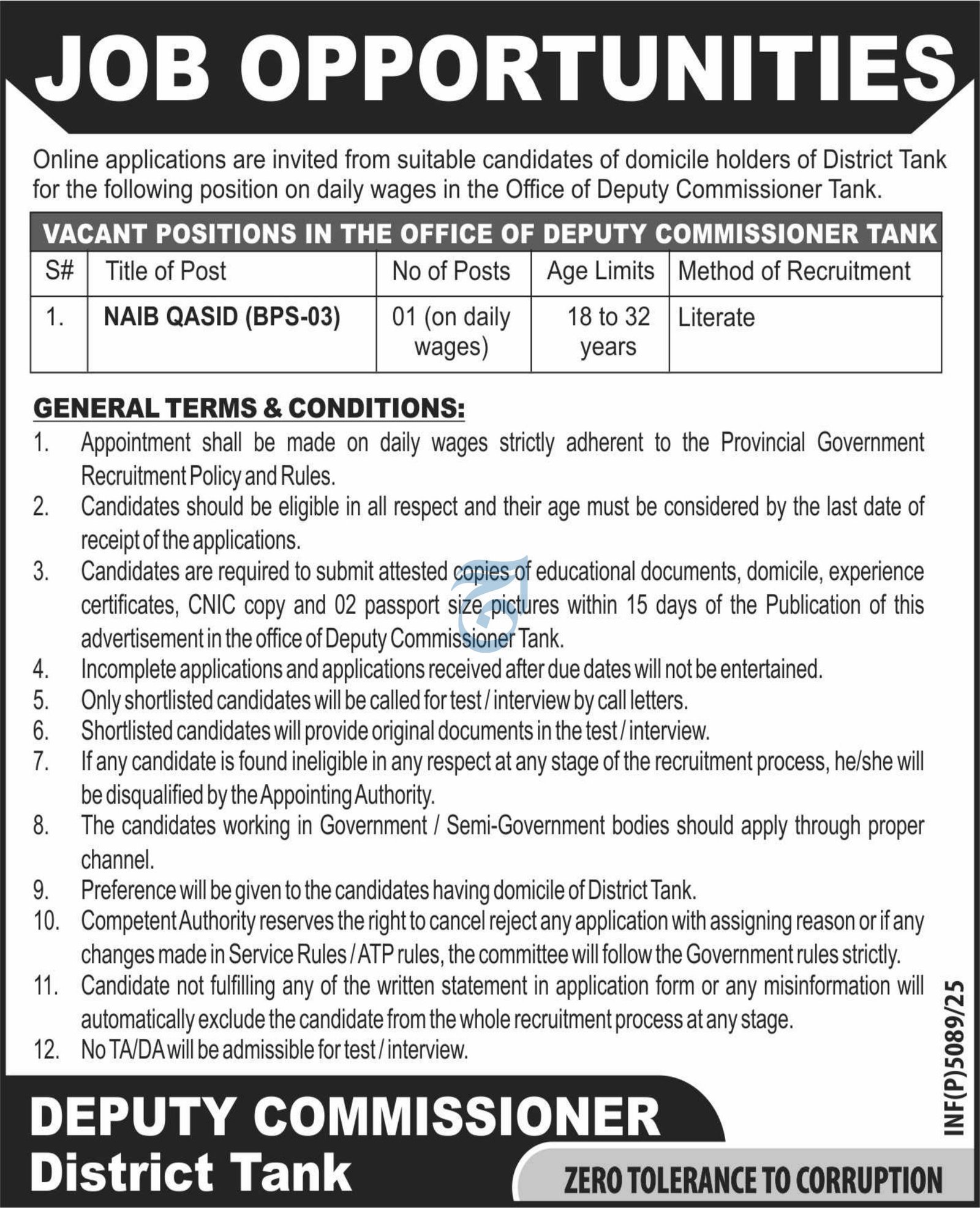 Deputy Commissioner Tank Khyber Pakhtunkhwa Jobs 2025 – Revenue Department KPK Jobs 2025 — original advertisement