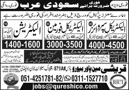 Electrical Supervisor & Electrical Foreman Jobs 2025 – Qureshi Manpower Bureau Jobs 2025 — original advertisement
